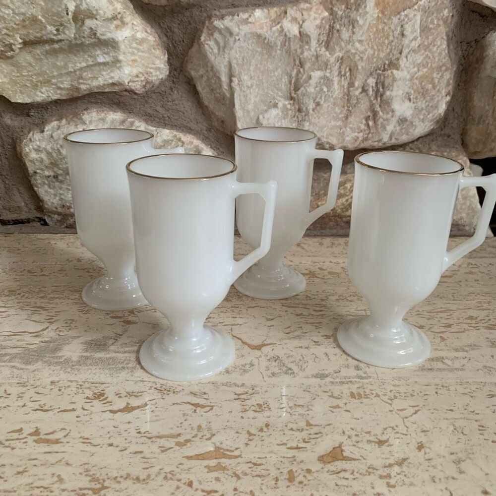 Vintage Milk glass white Irish coffee mugs with gold rim set of four